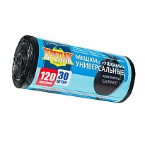 Мешки для мусора 120 л, с ушками, черные, в рулоне 30 шт., ПНД, 15 мкм, 1100х700 мм, Крепак, 4607075710375 в Димитровграде